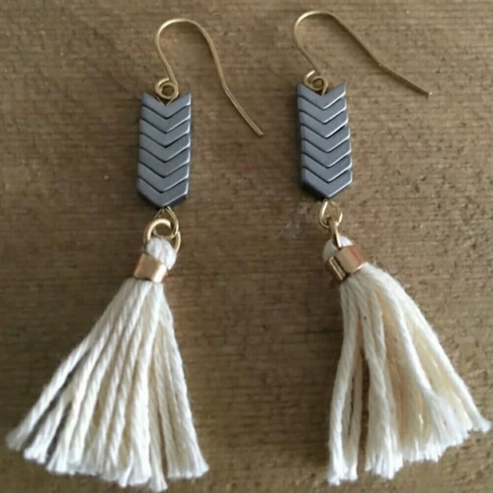 Natural Chevron Hematite Tassel Earrings